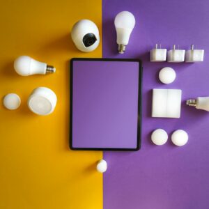 Innovative smart home gadgets arranged in a modern flat lay.